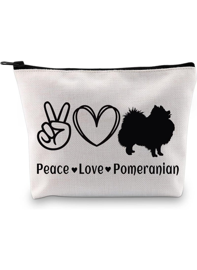 G2TUP Pomeranian Lover Gift Peace Love Pomeranian Makeup Bag Pomeranian Mom Cosmetic Bag Pomeranian Dog Owner Gift Zipper Travel Pouch (Peace Love Pomeranian White Bag)