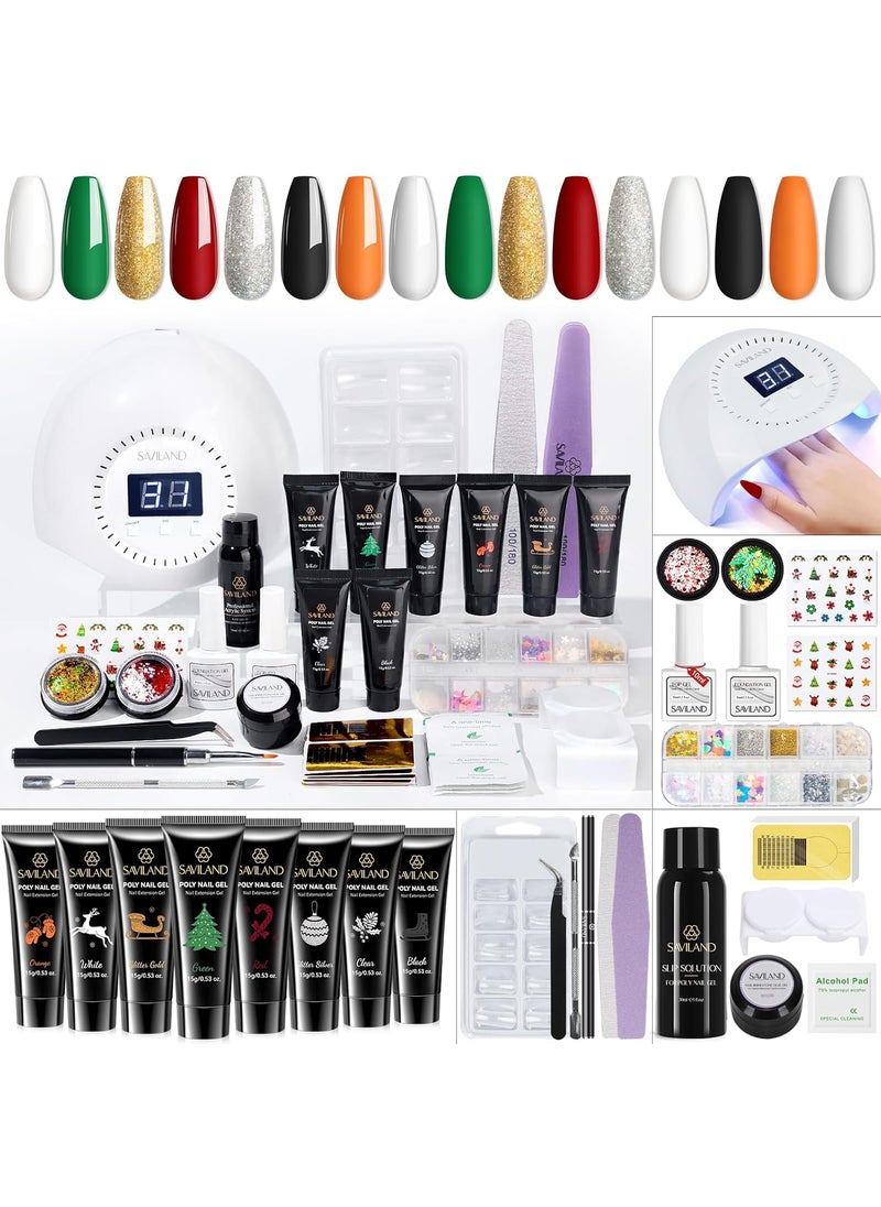 Saviland Christmas Poly Nail Gel Kit with U V Light: 8 Colors Poly Nail Gel Nail Kit Extension Slip Solution Nail Brush UV Nail Lamp Basic Tools Nail Art for Beginners Home DIY Christmas Gift