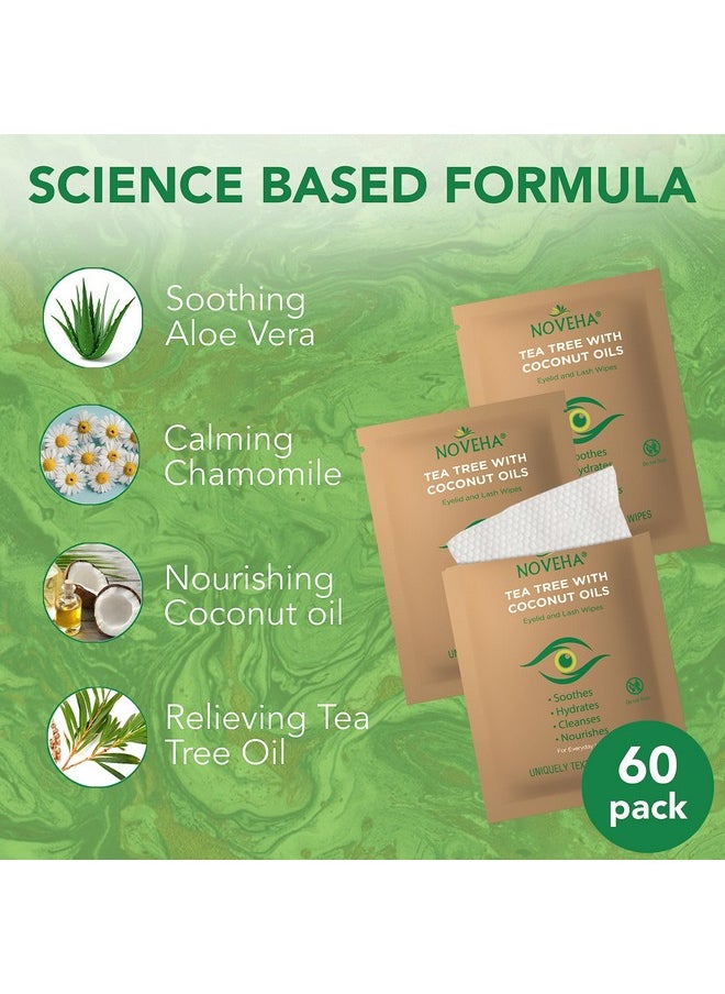NOVEHA Tea Tree & Coconut Oil Eyelid & Lash Wipes | For Demodex, Blepharitis & Itchy Eyes, Box Of 60 Individually Wrapped Eyelash Wipes With Aloe Vera, Natural Makeup Remover & Daily Eye Cleanser