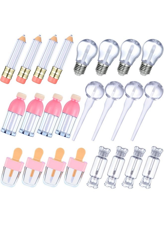Maitys 24 Pieces Novelty Empty Lip Gloss Tubes, Ice Cream and Funny Light Bulb Shaped Lip Balm Tube, Creative Lollipop Shape, Bottle and Candy Shaped Lip Glaze Tube, Pencil Lip Oil Bottles, 6 Styles