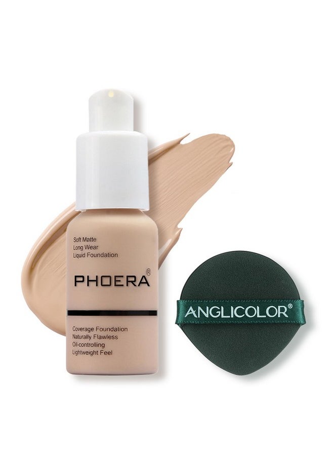 PHOERA Foundation Makeup Naturally Liquid Foundation Full Coverage Mattle Oil-Control Concealer 8 Colors Optional,Great Choice For Gift #102 Nude)