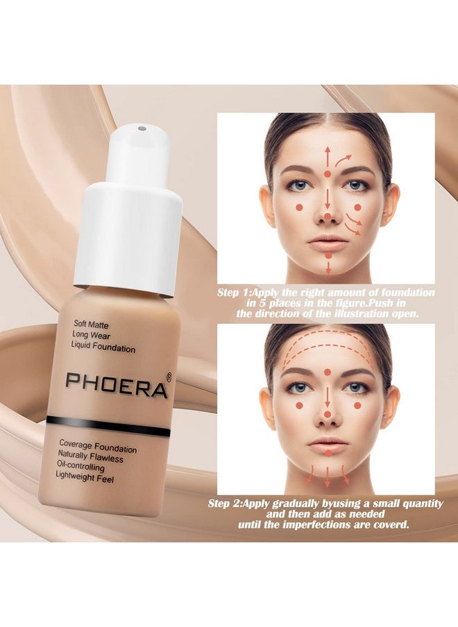 PHOERA Foundation Makeup Naturally Liquid Foundation Full Coverage Mattle Oil-Control Concealer 8 Colors Optional,Great Choice For Gift #102 Nude)