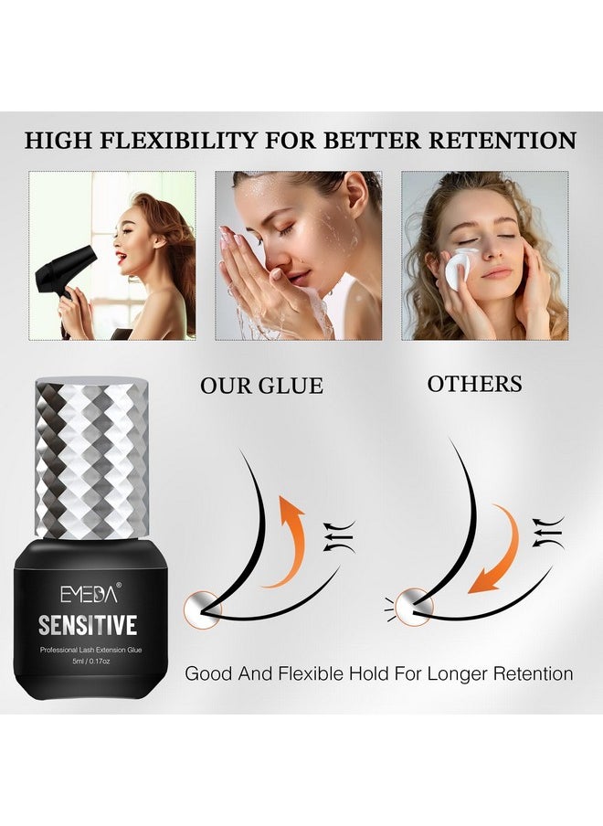 EMEDA Sensitive Eyelash Extension Glue 0.17fl.oz/5ml/1 Sec Drying Time/Retention - 5-7 Weeks/Black Adhesive/Professional Hypoallergenic Formaldehyde-Free Lash Extension Glue Supplies
