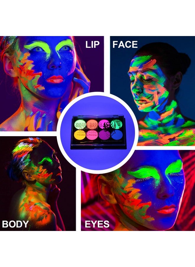 MEICOLY Glow UV Blacklight Face Paint, 8 Bright Colors Neon Fluorescent Rave Body Paint Palette,Water Activated Eyeliner,Water Based Glow In The Dark Halloween Washable for Kids Adult Body Painting
