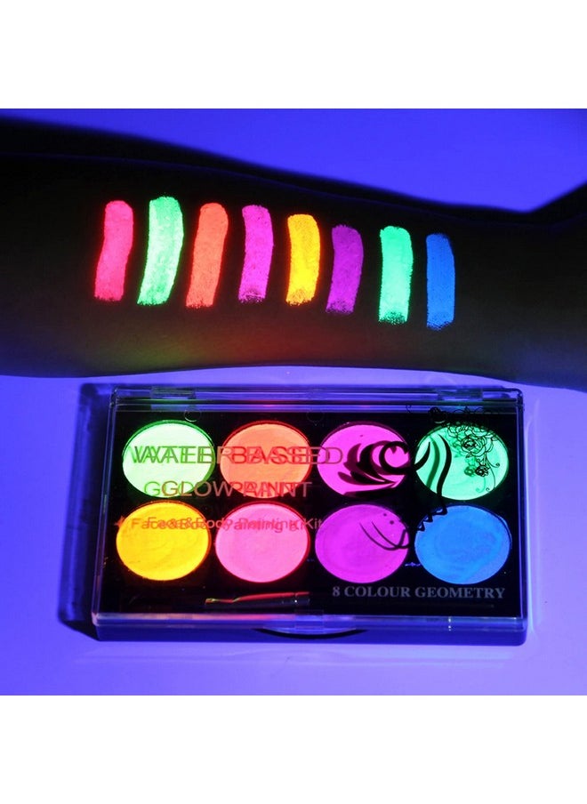 MEICOLY Glow UV Blacklight Face Paint, 8 Bright Colors Neon Fluorescent Rave Body Paint Palette,Water Activated Eyeliner,Water Based Glow In The Dark Halloween Washable for Kids Adult Body Painting