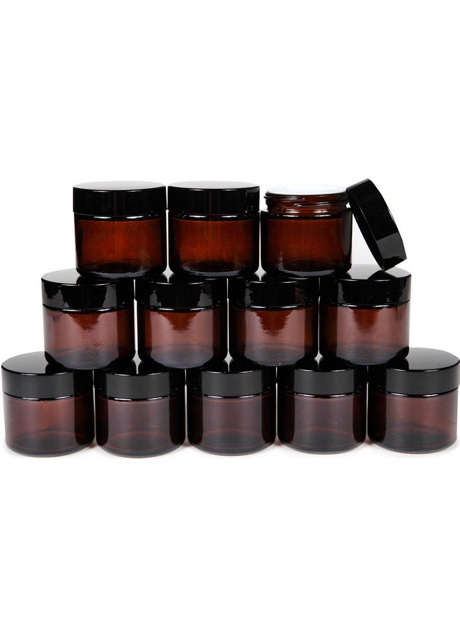 Vivaplex, 12, Amber, 2 oz, Round Glass Jars, with Inner Liners and black Lids