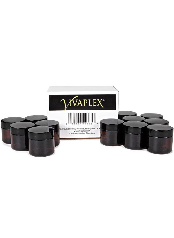 Vivaplex, 12, Amber, 2 oz, Round Glass Jars, with Inner Liners and black Lids
