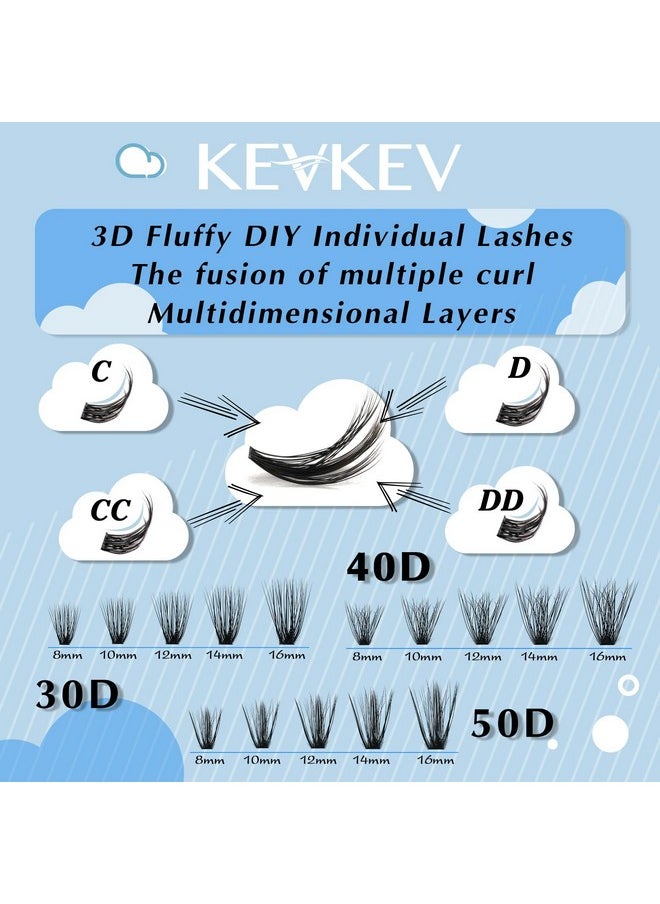 KevKev Lash Clusters Individual Lashes 3D Fluffy Eyelash Clusters 320 Pcs Cluster Lashes 30+40+50D Wispy Volume Lashes DIY Lash Extensions Thin Band & Soft (Fluffy 30+40+50D,D-8-16mix)
