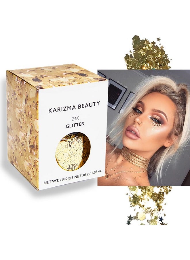 KARIZMA 24K Gold Glitter. 30g Chunky Face Glitter, Hair Glitter, Eye Glitter and Body Glitter for Women. Rave Glitter, Festival Accessories, Cosmetic Glitter Makeup. Loose Glitter Set