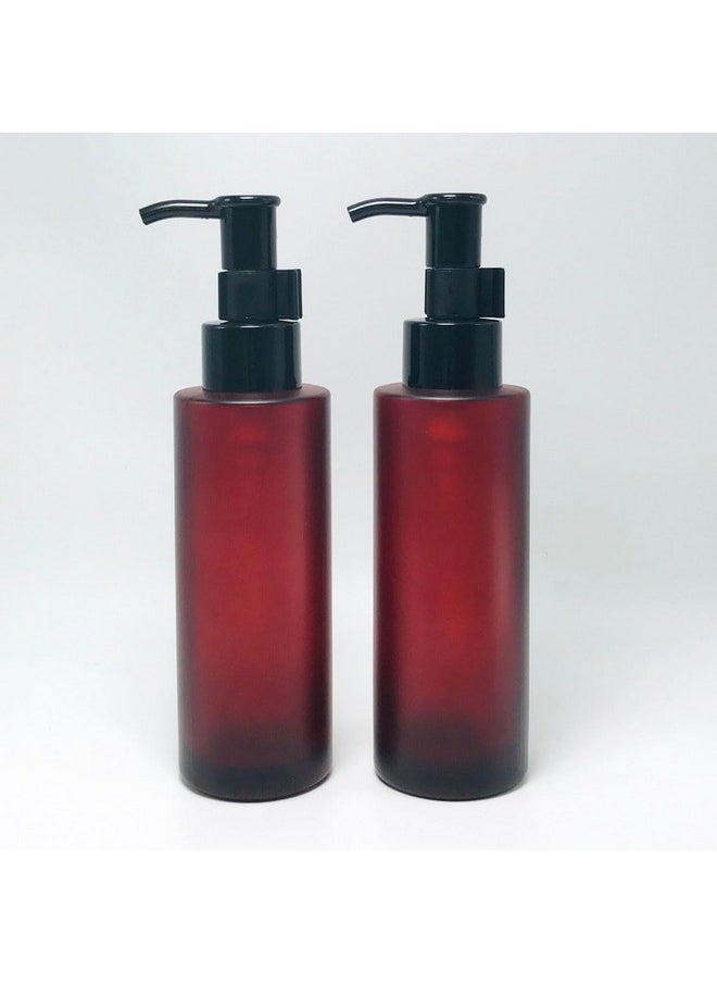 2PCS 100ML/3.4oz Empty Amber Frosted Glass Lotion Pump Bottle Jars with Black Pump Top Cosmetic Makeup Packing Storage Container for Essential Oil Emulsion Essence