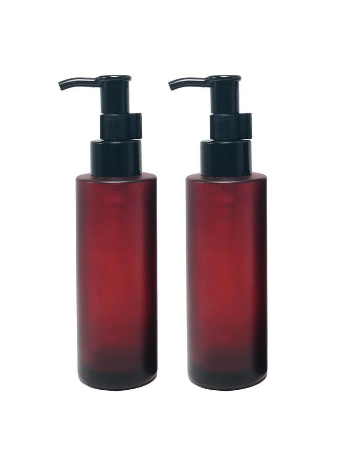 2PCS 100ML/3.4oz Empty Amber Frosted Glass Lotion Pump Bottle Jars with Black Pump Top Cosmetic Makeup Packing Storage Container for Essential Oil Emulsion Essence