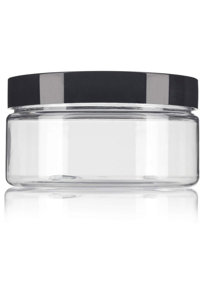 JUVITUS 8 oz Clear Plastic Low Profile Jar with Black Smooth Lids (12 Pack)