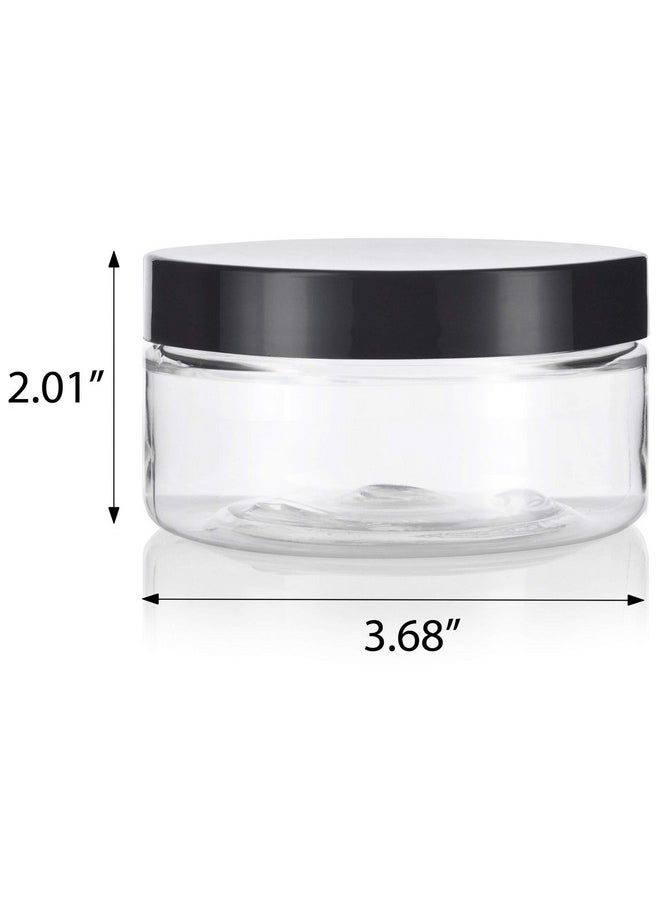 JUVITUS 8 oz Clear Plastic Low Profile Jar with Black Smooth Lids (12 Pack)