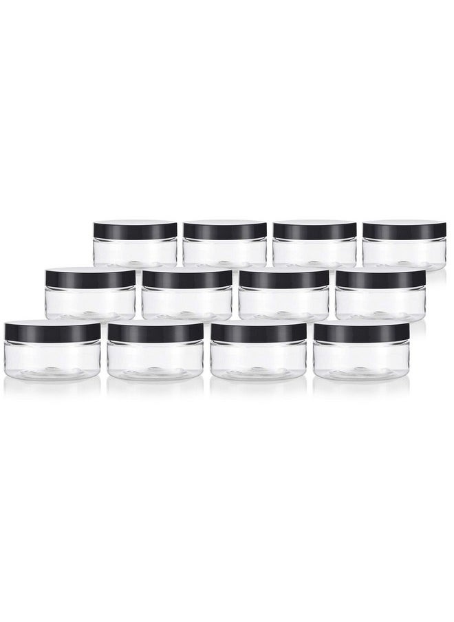 JUVITUS 8 oz Clear Plastic Low Profile Jar with Black Smooth Lids (12 Pack)