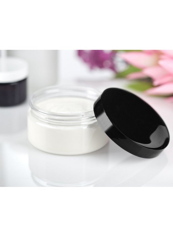 JUVITUS 8 oz Clear Plastic Low Profile Jar with Black Smooth Lids (12 Pack)