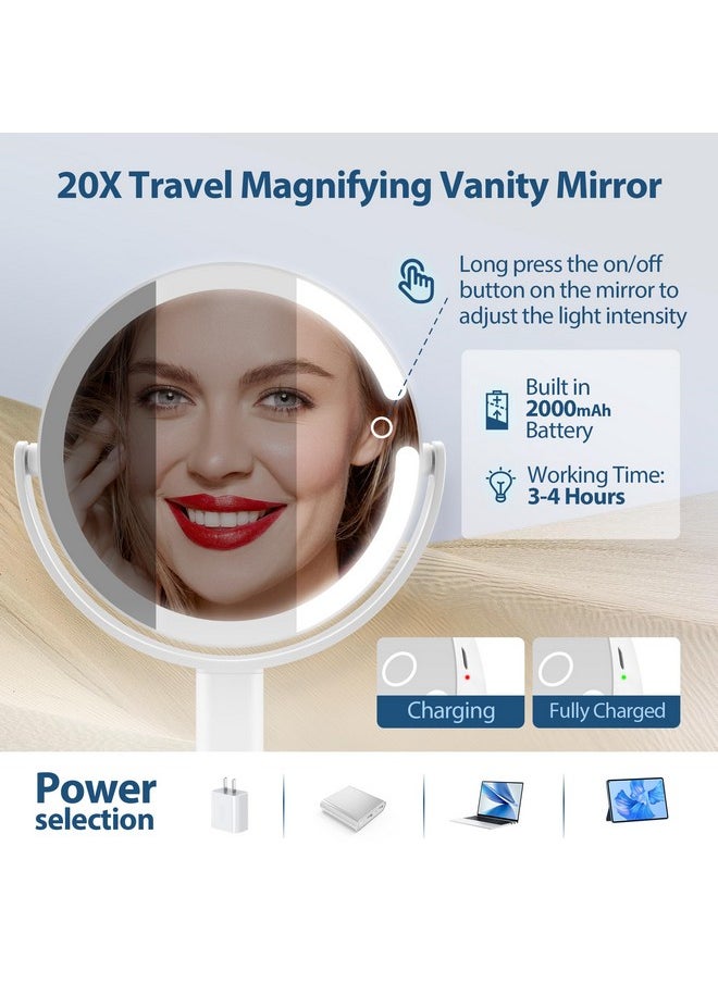 MIYADIVA Lighted Makeup Mirror, 20X Magnifying Mirror with Light and Adjustable Brightness, Vanity Mirror with 3 Color Light, 2-Sided Mirror for Desk, Detachable Travel Makeup Mirror with Light 8.8IN