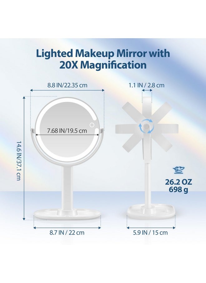 MIYADIVA Lighted Makeup Mirror, 20X Magnifying Mirror with Light and Adjustable Brightness, Vanity Mirror with 3 Color Light, 2-Sided Mirror for Desk, Detachable Travel Makeup Mirror with Light 8.8IN