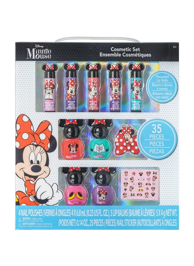 Townley Girl Disney Minnie Mouse Sparkly Cosmetic Makeup Set for Girls with Lip Balm Nail Polish Nail Stickers-35 Pcs|Perfect for Parties Sleepovers Makeovers|Birthday Gift for Girls above 3 Yrs, Kid