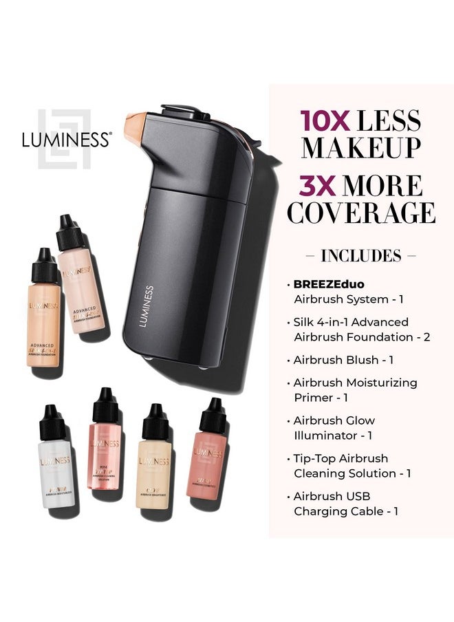 Luminess BREEZE DUO Airbrush Makeup System, Fair Coverage - 9-Piece Kit includes 2x Silk Airbrush Foundation, Soft Rose Blush, Glow Highlighter, Moisturizer Primer, and Airbrush Cleaning Solution