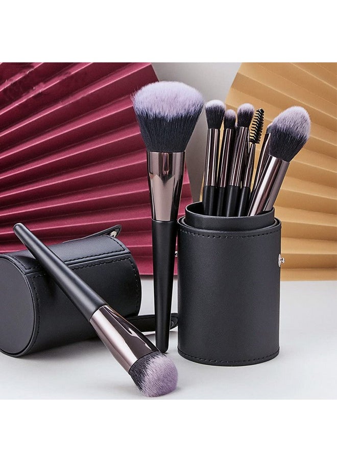 QUUPY Black PU Leather Makeup Brush Holder Organizer with Lid Portable Makeup Tools Large Capacity Case Organizer Cylinder Storage Box Bag(without brush)