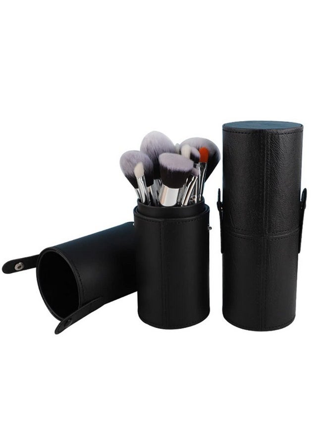 QUUPY Black PU Leather Makeup Brush Holder Organizer with Lid Portable Makeup Tools Large Capacity Case Organizer Cylinder Storage Box Bag(without brush)