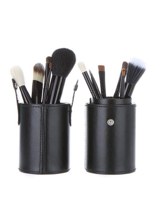 QUUPY Black PU Leather Makeup Brush Holder Organizer with Lid Portable Makeup Tools Large Capacity Case Organizer Cylinder Storage Box Bag(without brush)