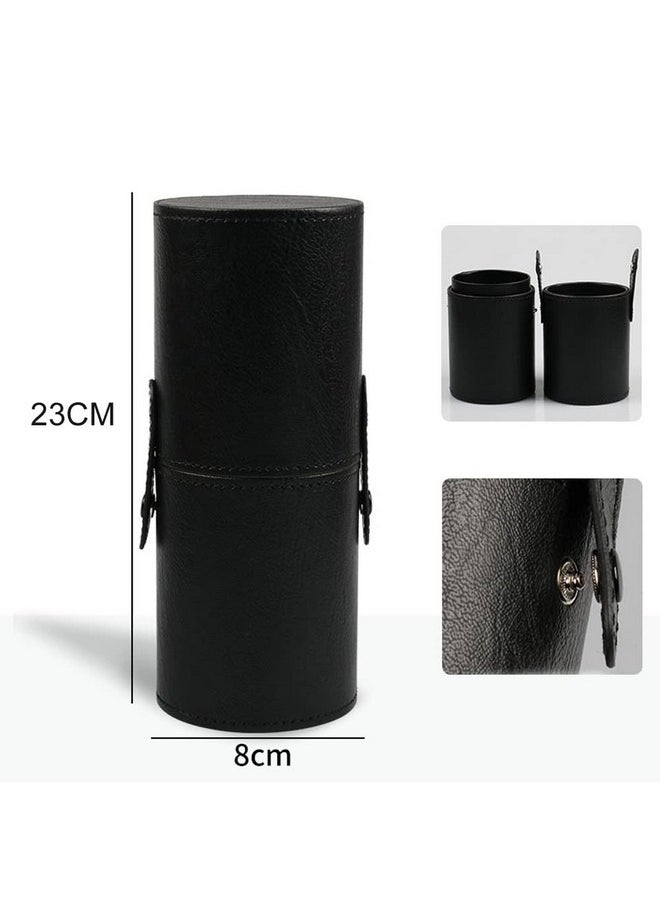 QUUPY Black PU Leather Makeup Brush Holder Organizer with Lid Portable Makeup Tools Large Capacity Case Organizer Cylinder Storage Box Bag(without brush)