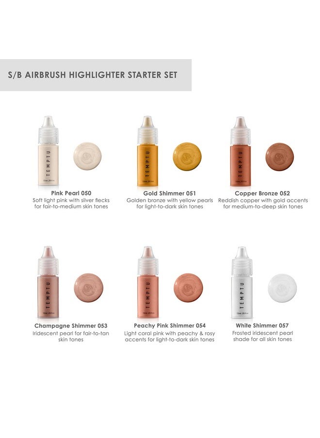 TEMPTU S/B Silicone-Based Airbrush Highlighter Starter Set: Long-Lasting, Layerable, Light-Reflecting Shimmer | Natural-Looking Luminosity | Weightless, Buildable Formula| 6 Shades