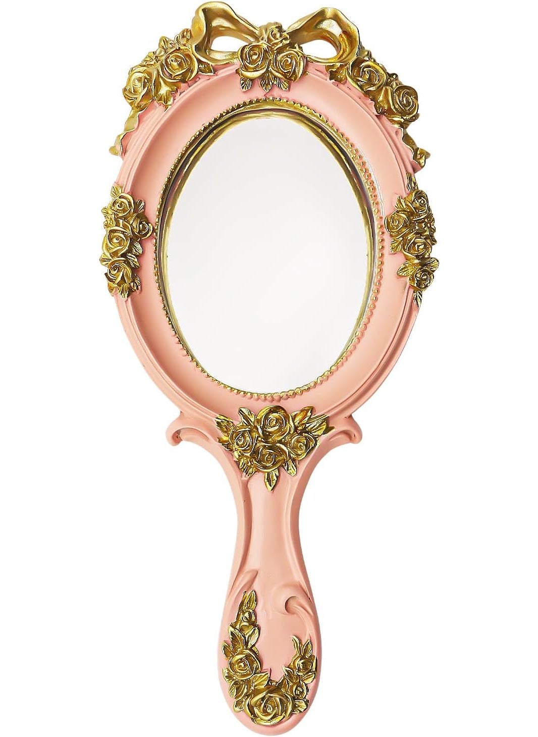 Elegant Rose Gold Vintage Handheld Mirror for Women - Victorian Pink Hand Mirror with Handle, Ideal for Makeup, Touch-Ups, Grooming and Travel