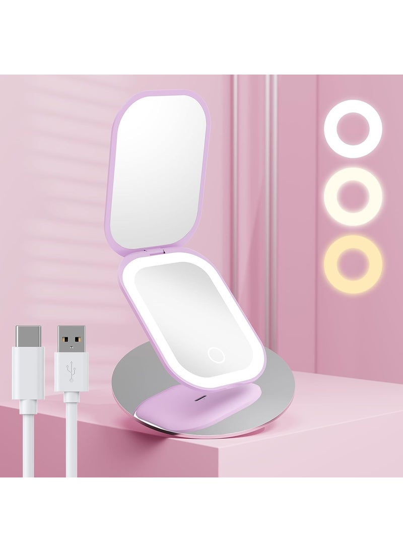 Benbilry Lighted Compact Travel Mirror with 3 Color Lights, 1X/3X Magnifying Ultra Slim Rechargeable Pocket Mirror for Purse, 2-Sided, Handheld, Folding, Portable, Purple