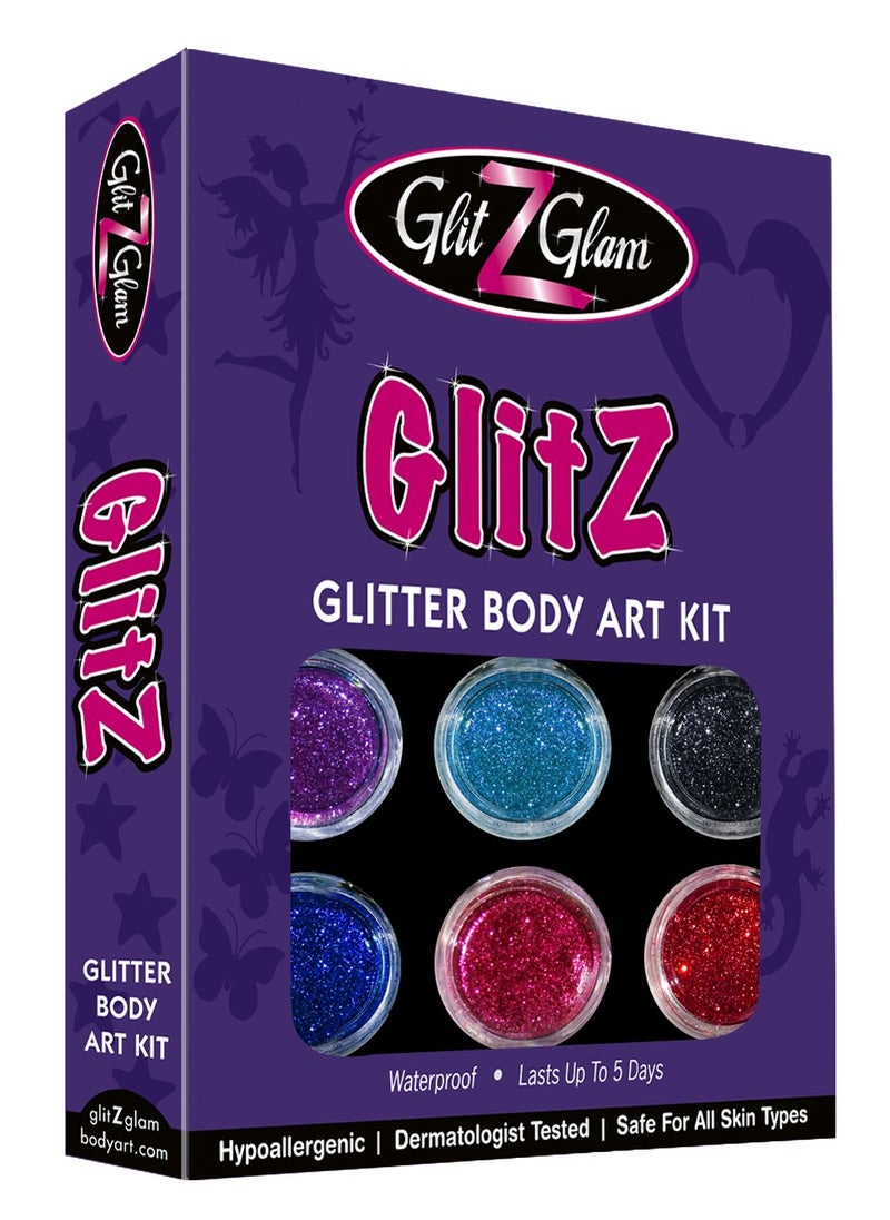 Glitter Tattoo Kit- NEW GLITZ - with 6 Large Glitters & 12 Stencils for boys & Girls. Children Tattoos by GlitZGlam Body Art
