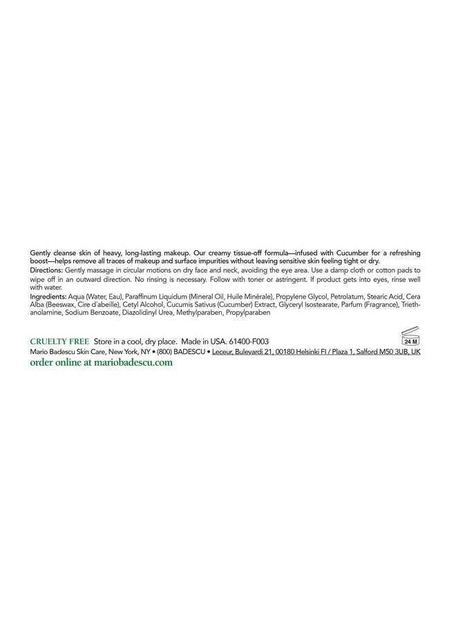 Mario Badescu Cucumber Makeup Remover Cream with Non-Greasy Formula - Emollient Cold Cream Makeup Remover for Heavy and Waterproof Make Up - Ideal for Dry or Sensitive Skin, 4 Oz