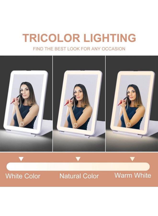 LED Foldable Travel Makeup Mirror - 5x7 inches 3 Colors Light Modes USB Rechargeable Touch Screen, Portable Tabletop Cosmetic Mirror for Travel, Cosmetic, Office (White)
