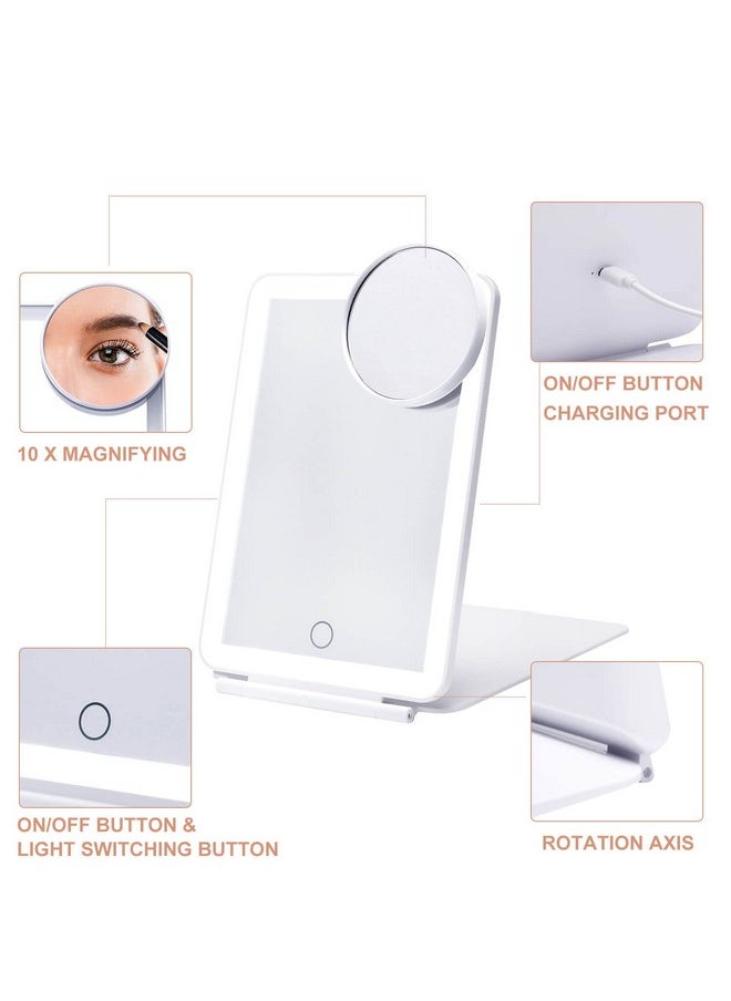 LED Foldable Travel Makeup Mirror - 5x7 inches 3 Colors Light Modes USB Rechargeable Touch Screen, Portable Tabletop Cosmetic Mirror for Travel, Cosmetic, Office (White)