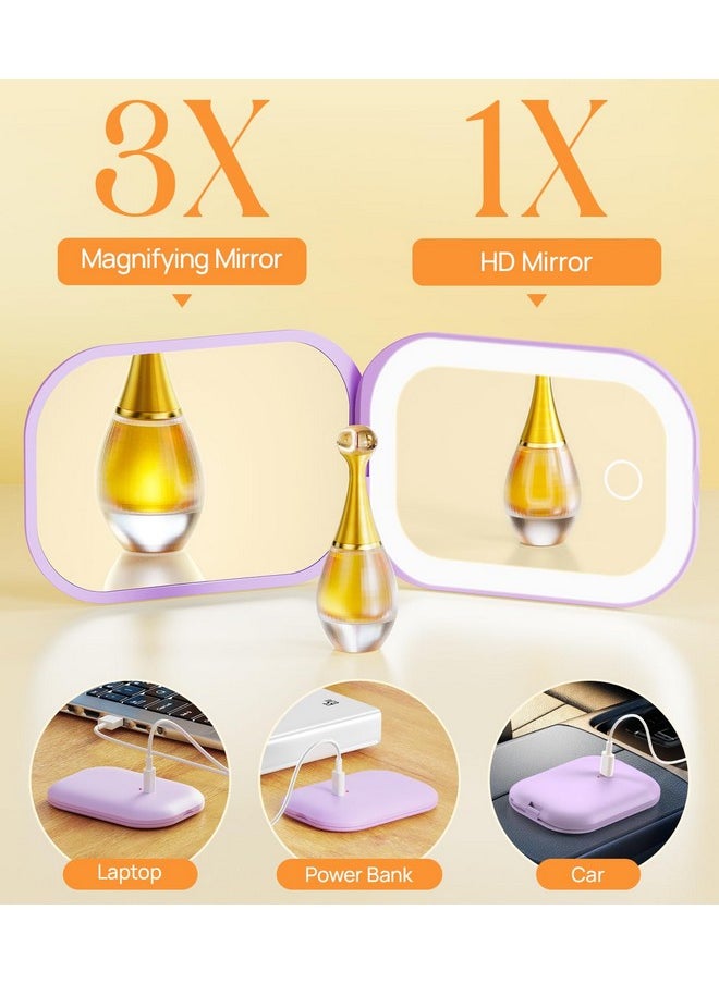 Gospire Lighted Travel Makeup Mirror with Light and Magnification, 3X Magnification Rechargeable Small Mirror with Three-Color Adjustable Light, Led Mini Mirror for Purse - Purple
