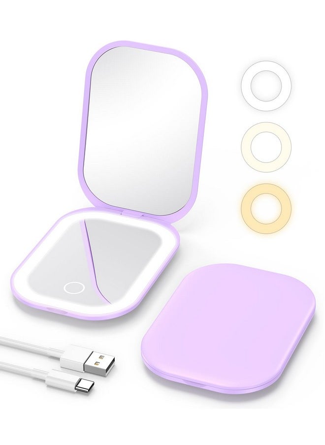 Gospire Lighted Travel Makeup Mirror with Light and Magnification, 3X Magnification Rechargeable Small Mirror with Three-Color Adjustable Light, Led Mini Mirror for Purse - Purple