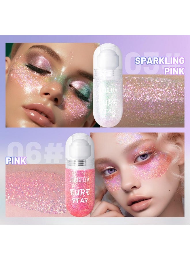 DAGEDA 2Colors Roll-on Body Glitter Gel for Body, Hair, Face, Holographic Glitter Makeup for Rave Accessories, Body Shimmer Hair Glitter Gel for Halloween Makeup(Sparkling Pink+Pink)