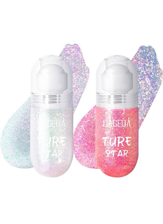 DAGEDA 2Colors Roll-on Body Glitter Gel for Body, Hair, Face, Holographic Glitter Makeup for Rave Accessories, Body Shimmer Hair Glitter Gel for Halloween Makeup(Sparkling Pink+Pink)