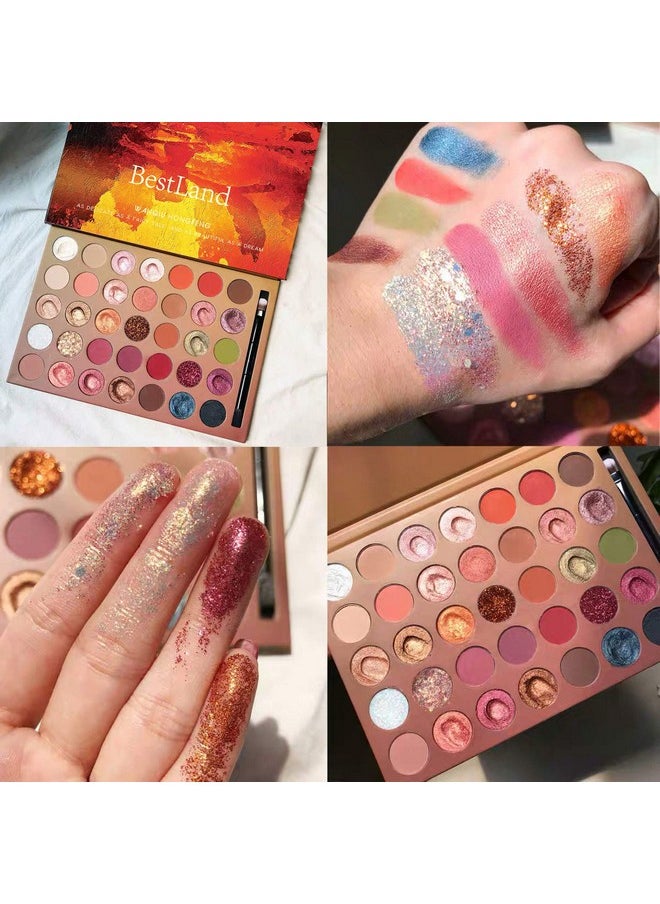 BestLand Pro 35 Colors Glitter Eyeshadow Palette with Eyeshadow Brush，Highly Pigmented Pressed Soft Creamy Metallic Matte Shimmer Naked Eye Shadow Powder Makeup Palette Set