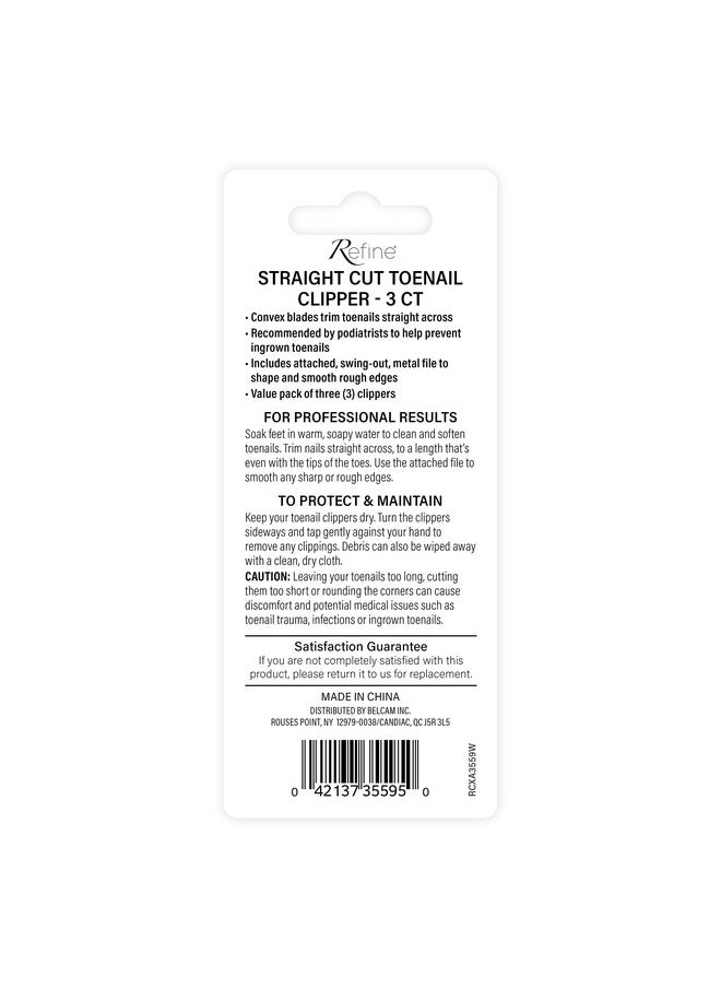 REFINE Straight Cut Toenail Clipper, Deluxe with Swing-Out Attached Metal File - 3 ct