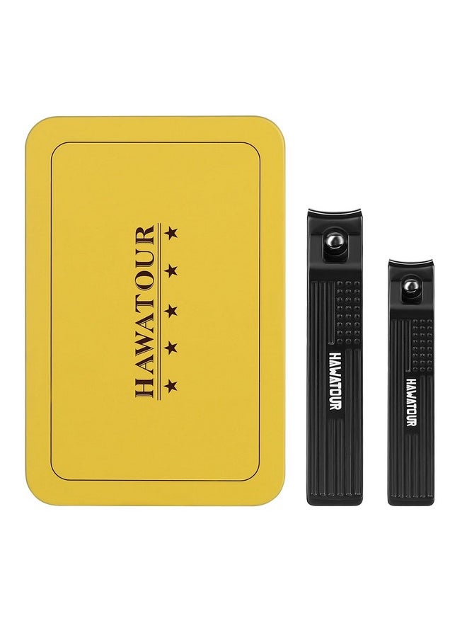 HAWATOUR Nail Clippers Set, Ultra Sharp Curved Blade Fingernail and Toenail Clipper Cutters with Visibly Tin Case, Squares and Stripes, Black