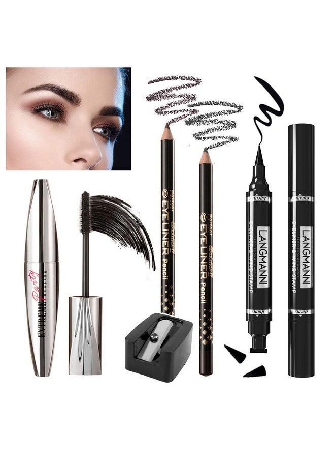 Wismee Mascara Eye Liner Eye Makeup Set Waterproof Liquid Eye Liner Stamp Mascara Black volume and length Eyelash Quick Drying Long Lasting Eye liner Pencil Cosmetic Kit with Sharpener for Women Girls