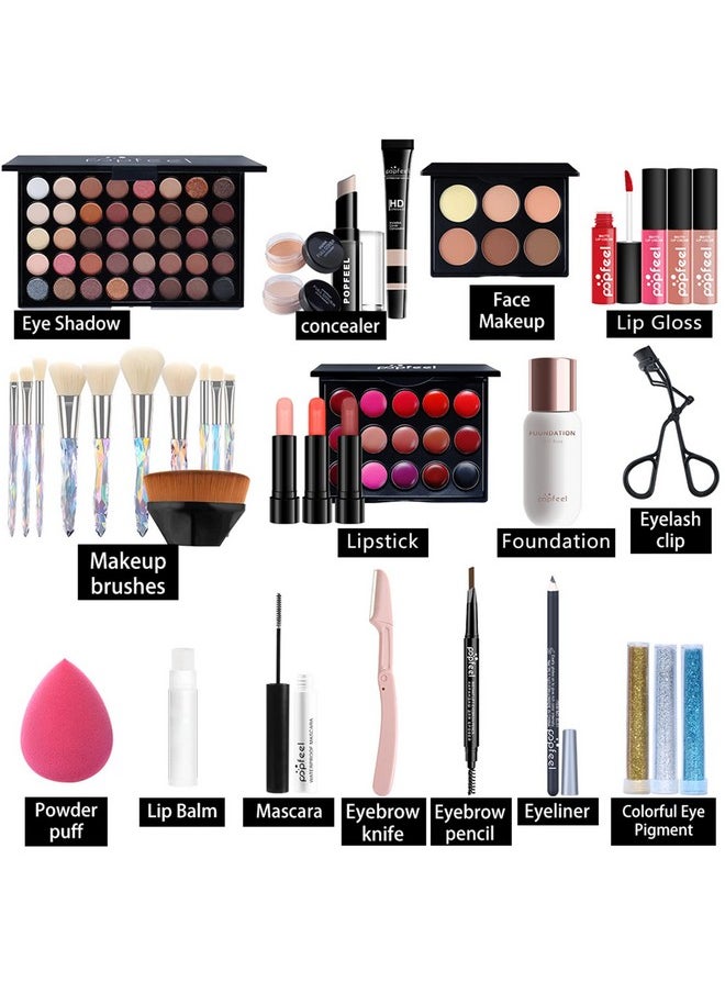 Pure Vie All-in-One Holiday Gift Surprise Makeup Set Essential Starter Bundle Include Eyeshadow Palette Lipstick Concealer Blush Mascara Eyeliner Face Powder Lipgloss Brush - Full Makeup Kit for Women