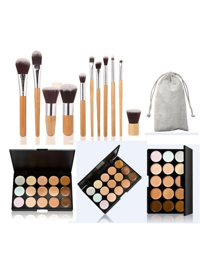 Pure Vie 15 Colors Cosmetics Cream Contour and Highlighting Makeup Kit, Color Correcting Cream Concealer Camouflage Makeup Palette + 11 Pcs Foundation Powder Concealer Eye Shadows Makeup Brushs