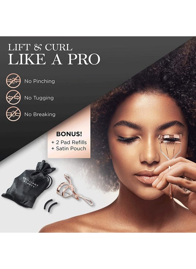 Brilliant Beauty Eyelash Curler with Satin Bag & Refill Pads - Award Winning - No Pinching, Just Dramatically Curled Eyelashes for a Lash Lift in Seconds (Rose Gold)