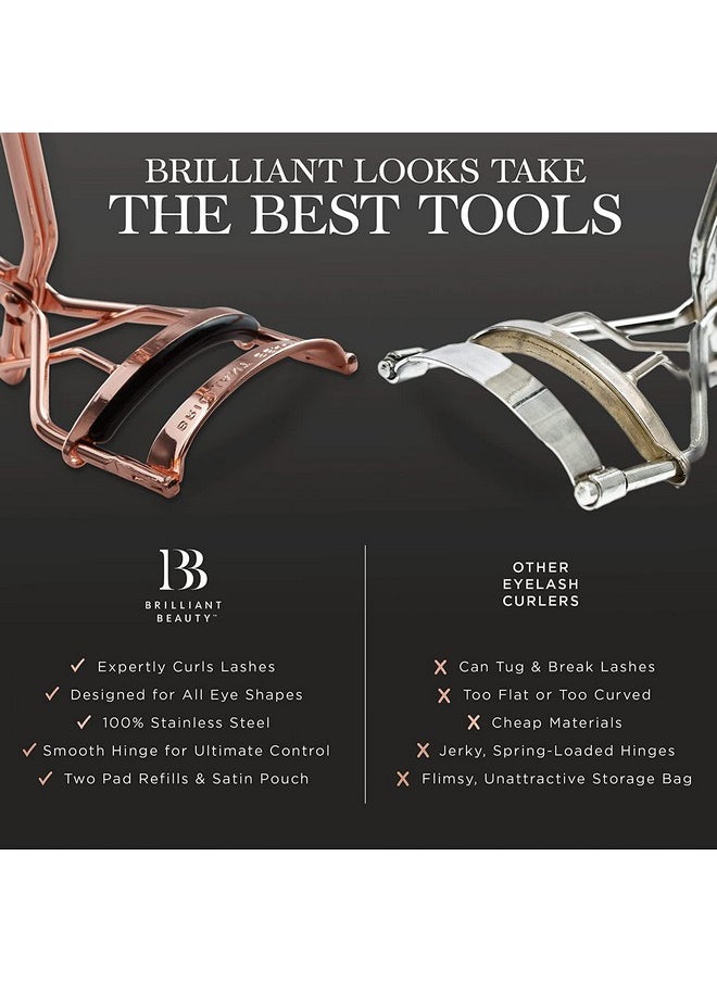 Brilliant Beauty Eyelash Curler with Satin Bag & Refill Pads - Award Winning - No Pinching, Just Dramatically Curled Eyelashes for a Lash Lift in Seconds (Rose Gold)