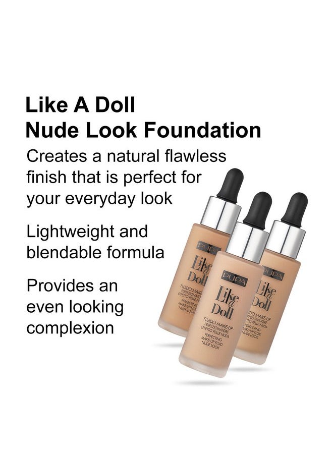 PUPA Milano Like A Doll Perfecting Make-Up Fluid Nude Look Foundation - Light Texture - Natural, Radiant Results - Nude Skin Effect - For All Skin Types - Blends Perfectly - Natural Beige - 1.01 Oz