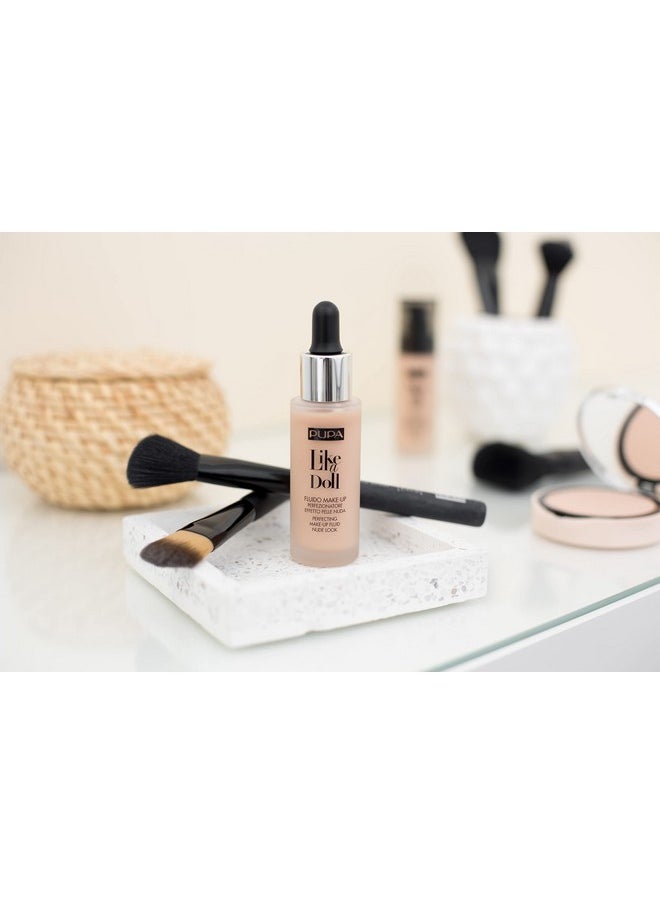 PUPA Milano Like A Doll Perfecting Make-Up Fluid Nude Look Foundation - Light Texture - Natural, Radiant Results - Nude Skin Effect - For All Skin Types - Blends Perfectly - Natural Beige - 1.01 Oz