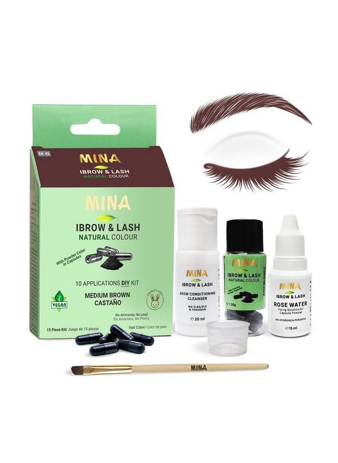 Mina ibrow & Lash Tint kit Medium Brown| Natural Spot coloring and Brow Tinting Kit Powder in Capsule, Water and Smudge Proof | Instant Brow dye, No Ammonia, No Lead