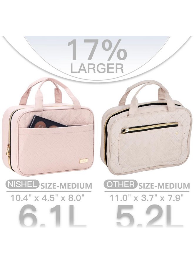 NISHEL Travel Toiletry Bag for women, Portable Hanging Organizer for Travel-Sized Shampoo, Conditioner, Brushes Set, makeup Accessories, Medium Size, Pink